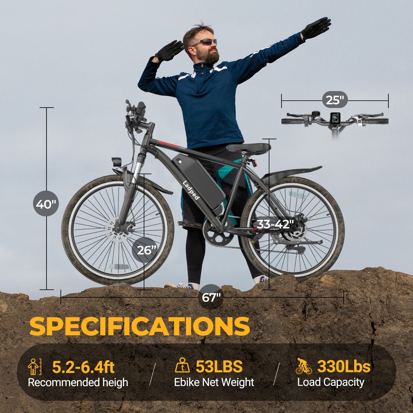 Ladped 26inch Electric Mountain Bike 22MPH Commuting Adults Electric Bicycle