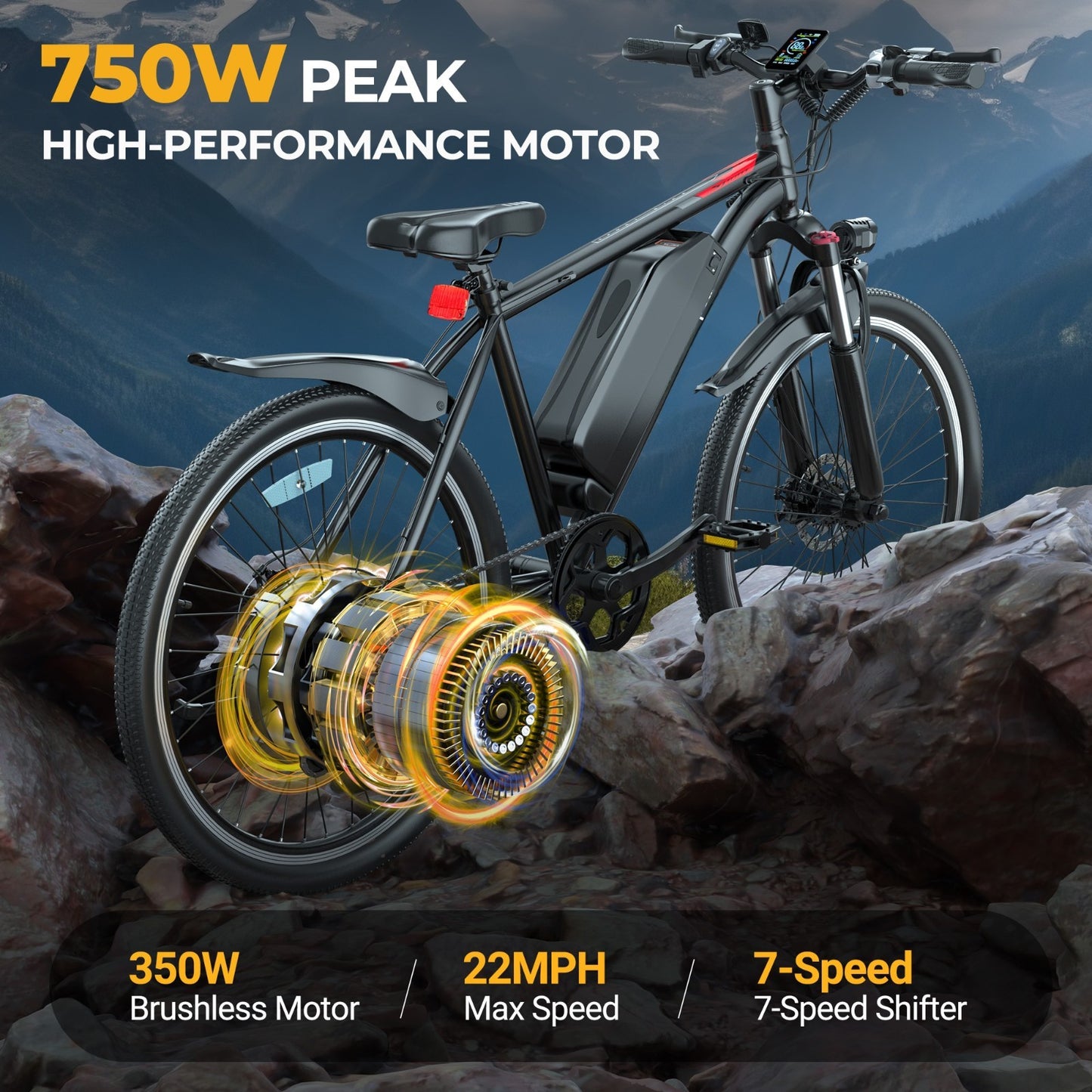 Ladped 26inch Electric Mountain Bike 22MPH Commuting Adults Electric Bicycle