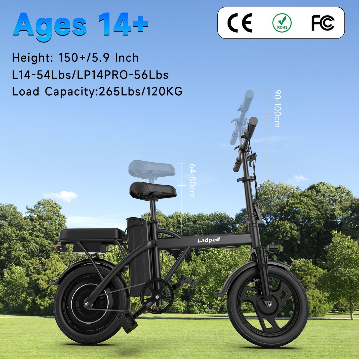 LADPED 14' Foladable Electric Bike Black 500W 48V, 20mph Range 30Miles