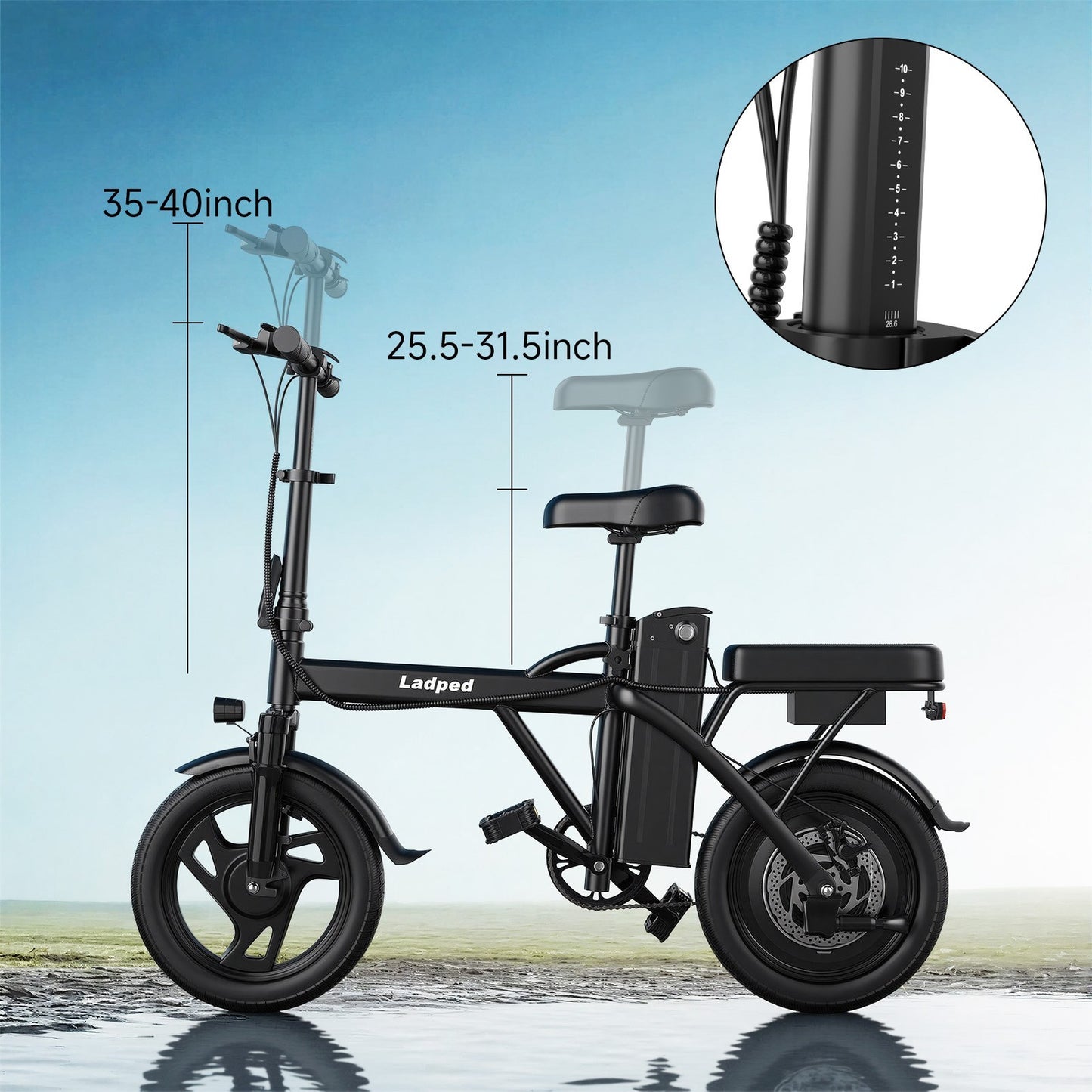LADPED 14' Foladable Electric Bike Black 500W 48V, 20mph Range 30Miles