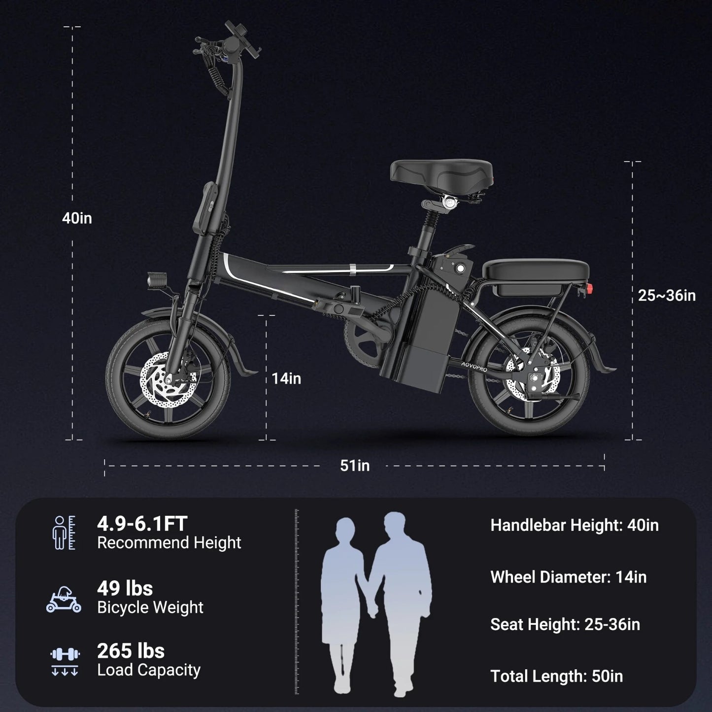 Ladped 14" Folding Electric Bicycles 22 MPH with Peak 750W ebike 48V 499.2WH