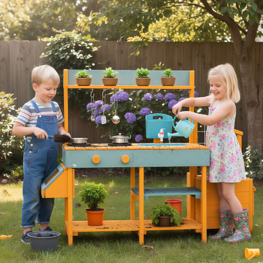 Play Kitchen for Kids Wooden Toy Kitchen Playset Pretend Mud Kitchen-Yellow