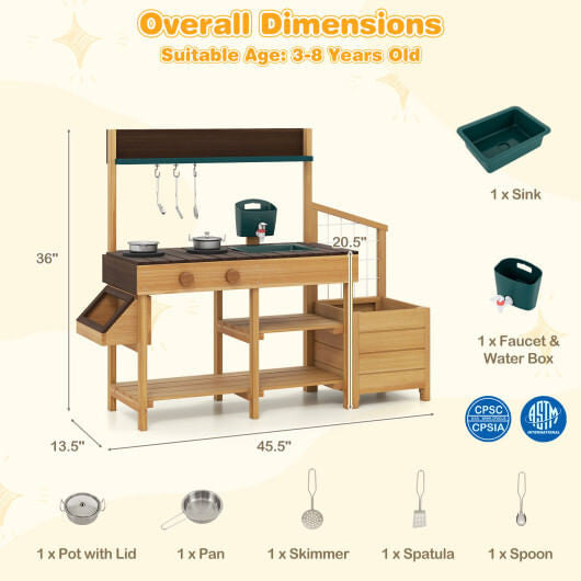Play Kitchen for Kids Wooden Toy Kitchen Playset Pretend Mud Kitchen-Yellow